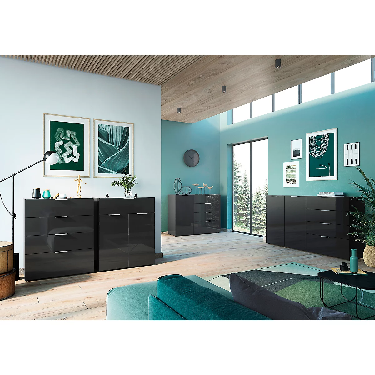 Sideboard, mit 4 Schubladen und 2 Türen, Glasfront- und auflage, B 1840 x T 420 x H 1020 mm, schwarz