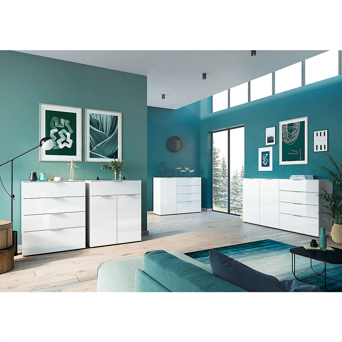 Sideboard, mit 4 Schubladen und 2 Türen, Glasfront- und auflage, B 1840 x T 420 x H 1020 mm, weiß