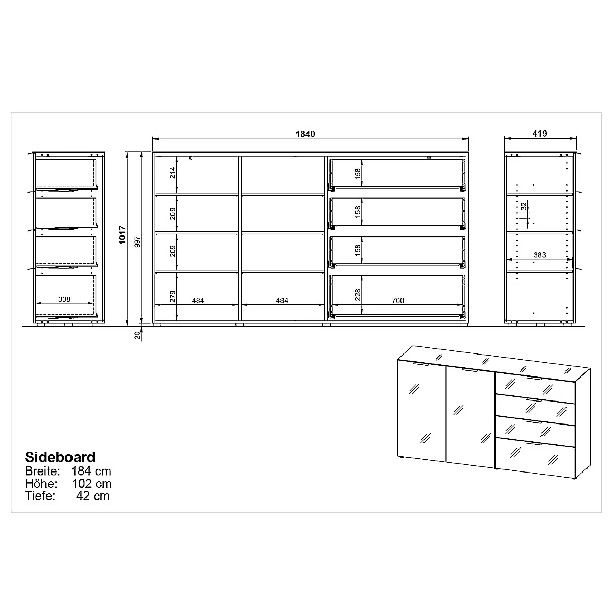 Sideboard, mit 4 Schubladen und 2 Türen, Glasfront- und auflage, B 1840 x T 420 x H 1020 mm, weiß