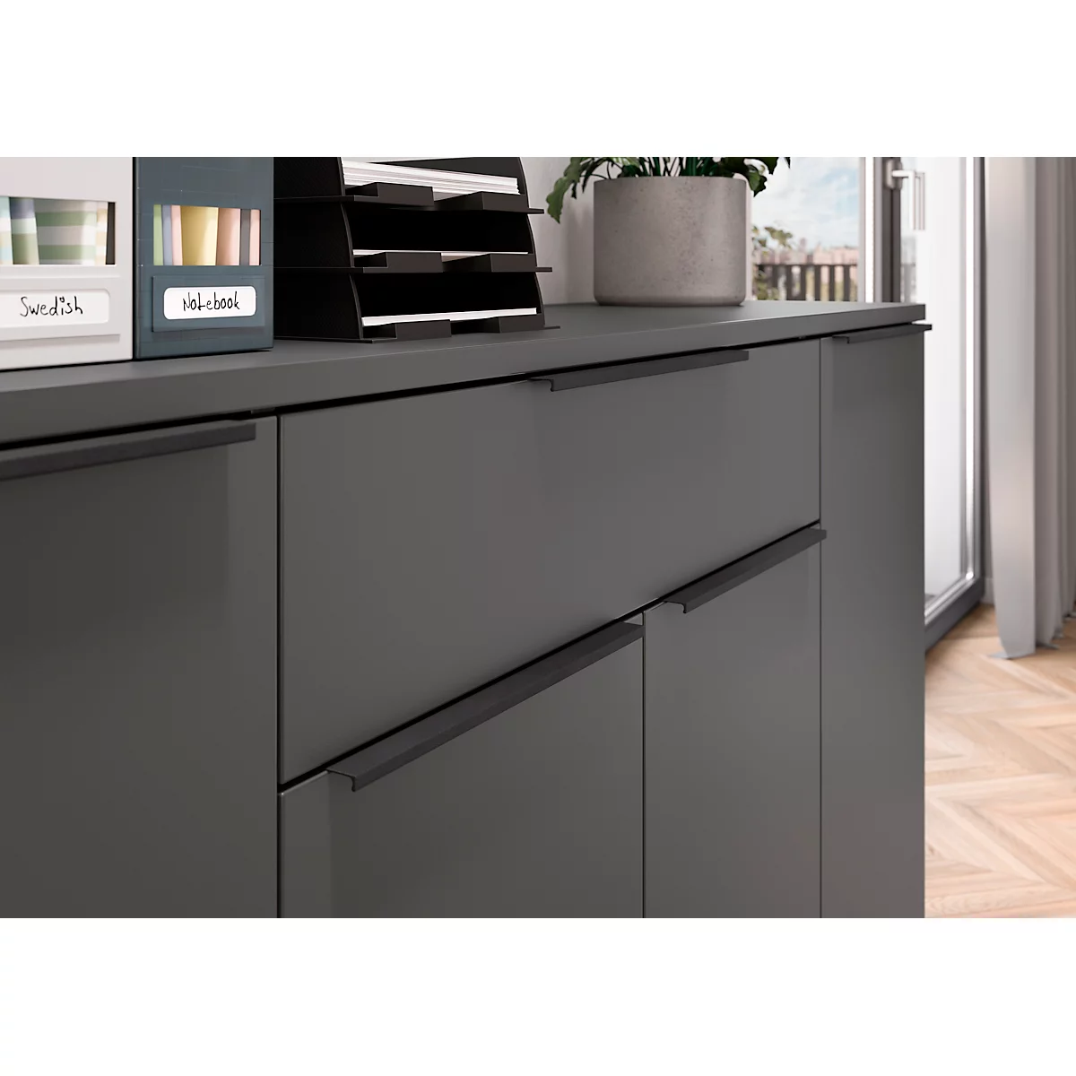 Sideboard Porto, mit 1 Schublade und 4 Türen, B 1610 x T 400 x H 1010 mm, graphit