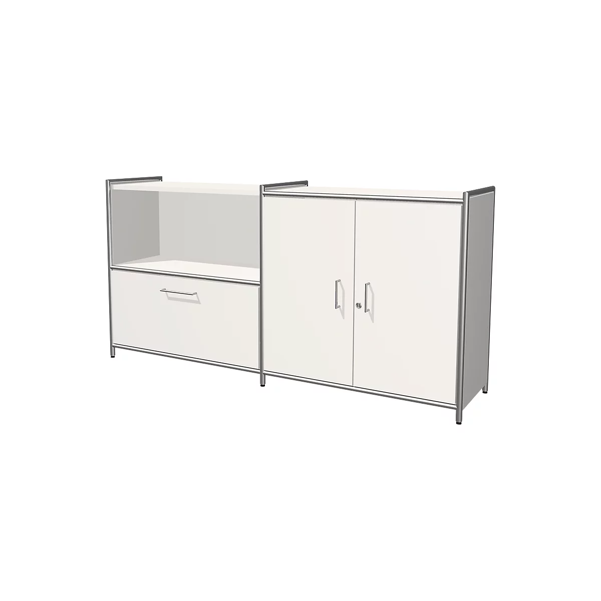 Sideboard Toledo, verrouillable, tiroir + casier ouvert, 2 HC, portes battantes, l. 1580 x P 380 mm, blanc
