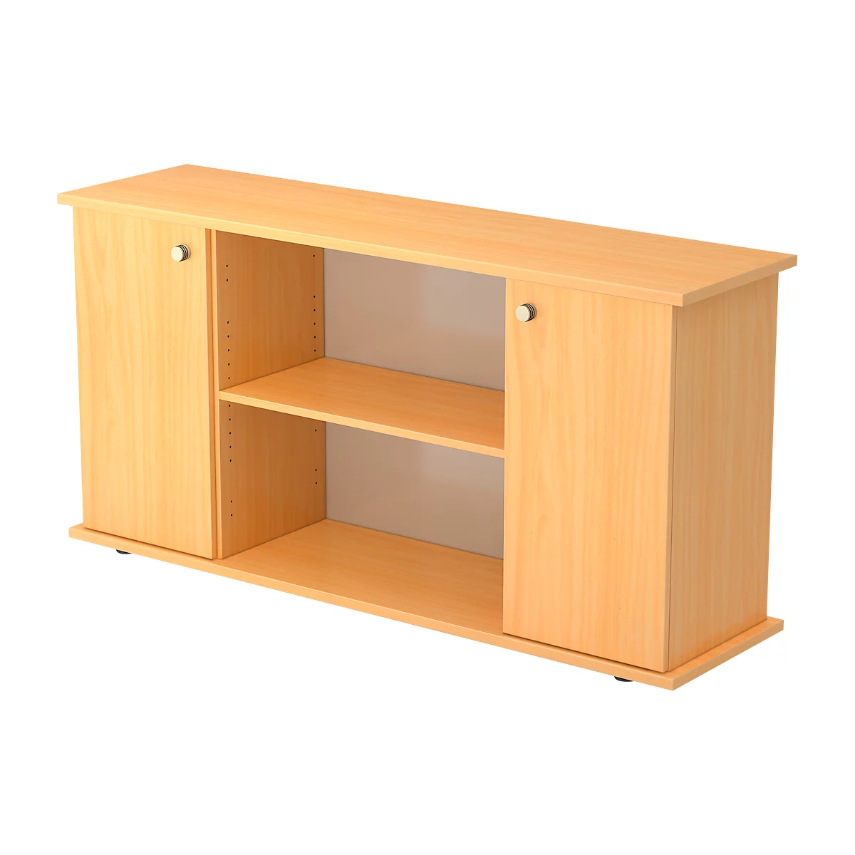 Wooden cabinet with two doors, an open compartment and a shelf.