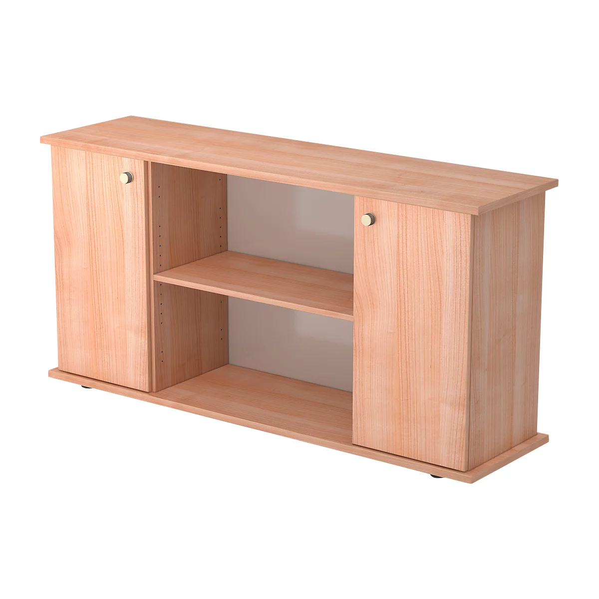 Light brown sideboard with two doors, two shelf compartments and golden knobs. The wood structure is clearly visible.