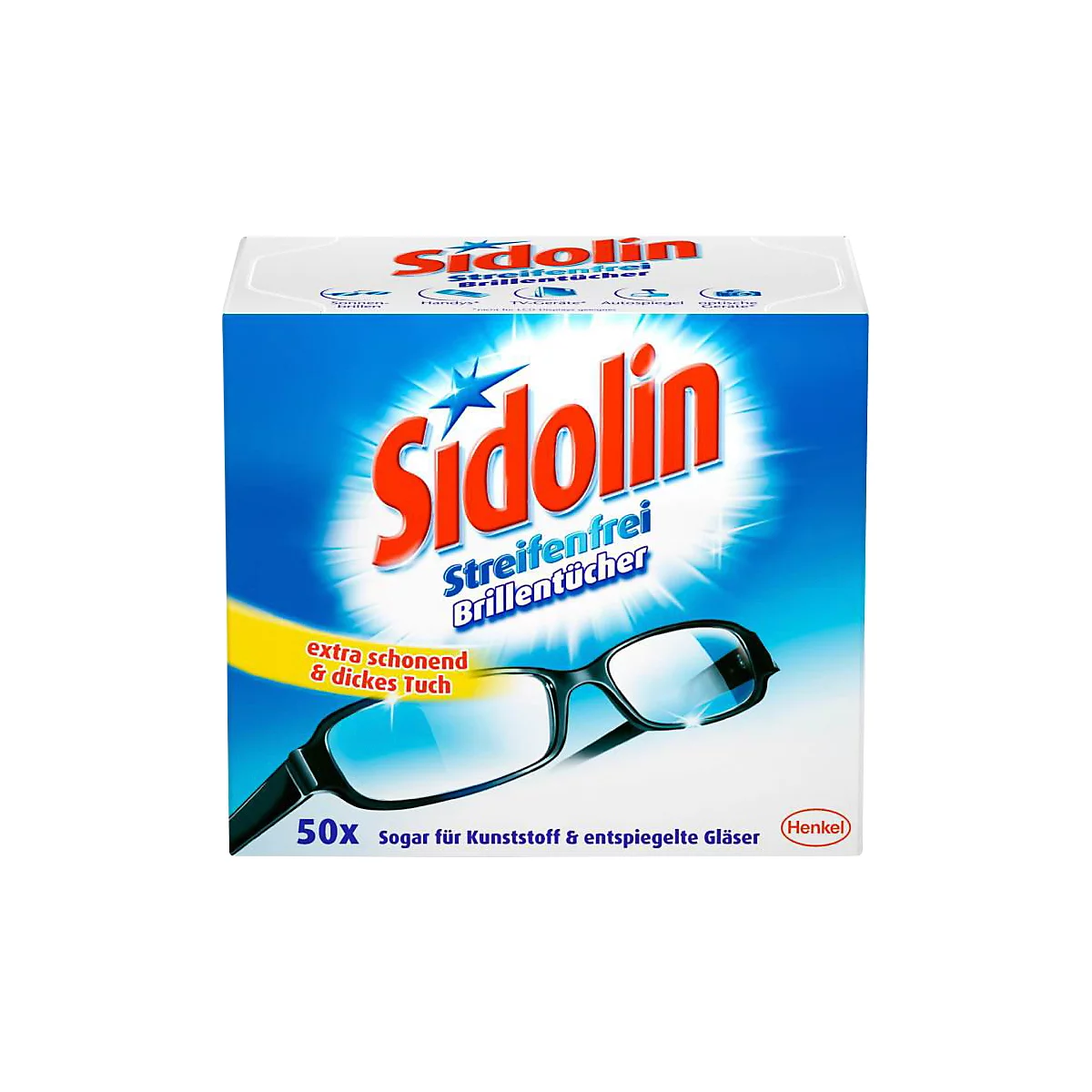 Blue and white box of glasses cleaning cloths. It reads "Sidolin", eyeglasses and text "extra gentle & thick cloth."