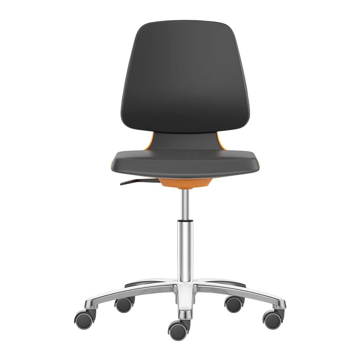 Siège d'atelier pivotant Labsit, mousse intégrale, roulettes, l. 450 x P 420 x H 450 - 650 mm, orange