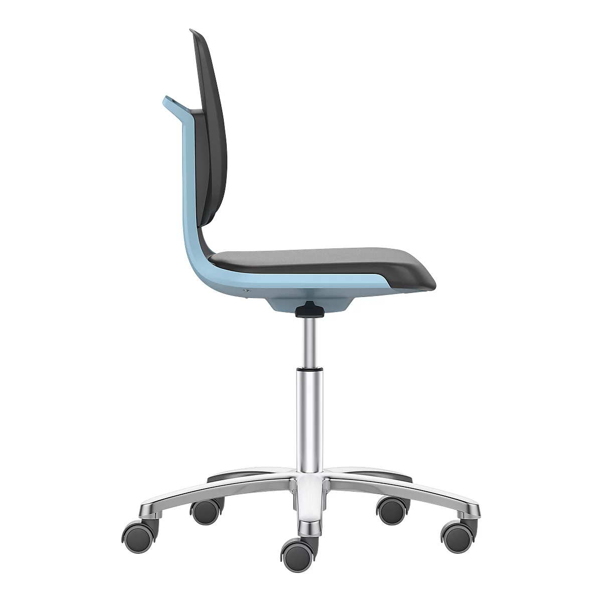 Siège d'atelier pivotant Labsit, similicuir, roulettes, l. 450 x P 420 x H 450 - 650 mm, bleu