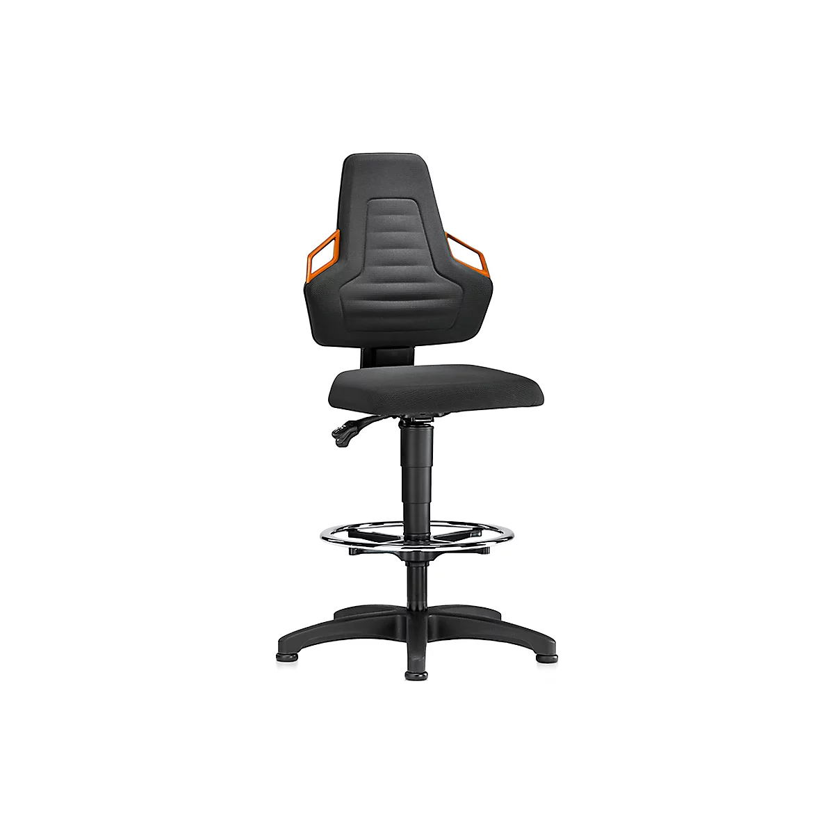 Siège d'atelier pivotant, patins et anneau repose-pieds, Supertec noir, poignées orange