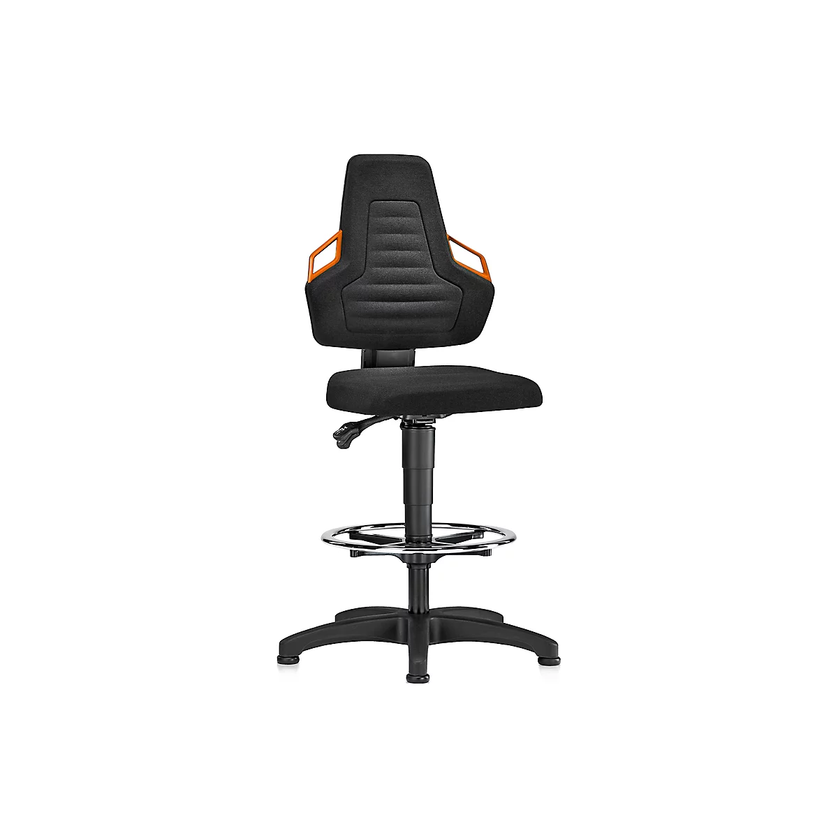 Siège d'atelier pivotant, patins et anneau repose-pieds, tissu noir, poignées orange