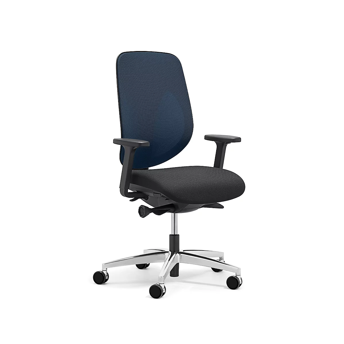 Siège de bureau 353 Giroflex, avec accoudoirs, mécanisme synchrone automatique, assise galbée, bleu/noir/alu blanc