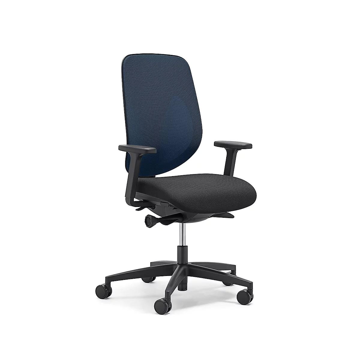 Siège de bureau 353 Giroflex, avec accoudoirs, mécanisme synchrone automatique, assise galbée, dossier 3D en filet, bleu/noir