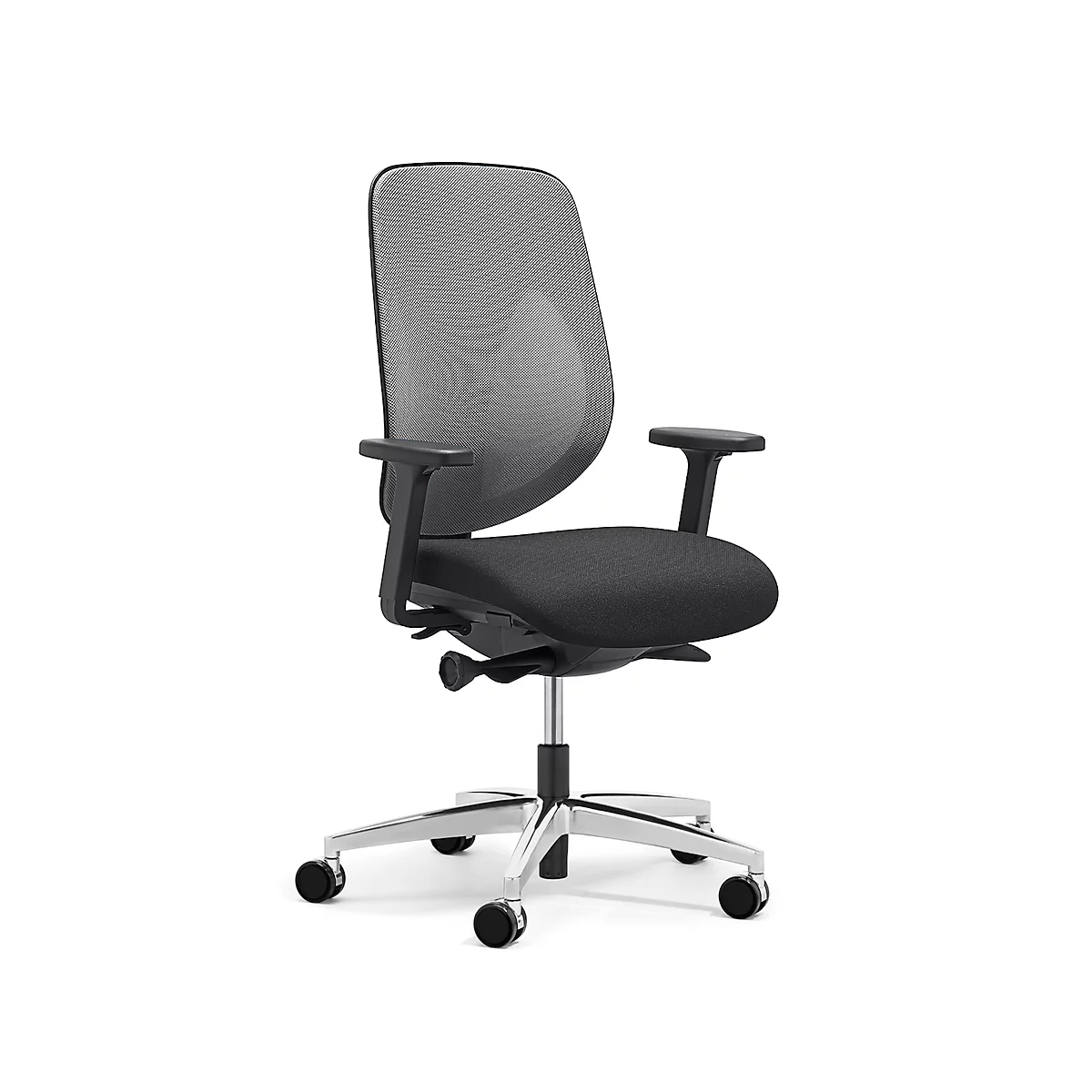 Siège de bureau 353 Giroflex, avec accoudoirs, mécanisme synchrone automatique, assise galbée, dossier 3D en filet, gris/noir/alu blanc