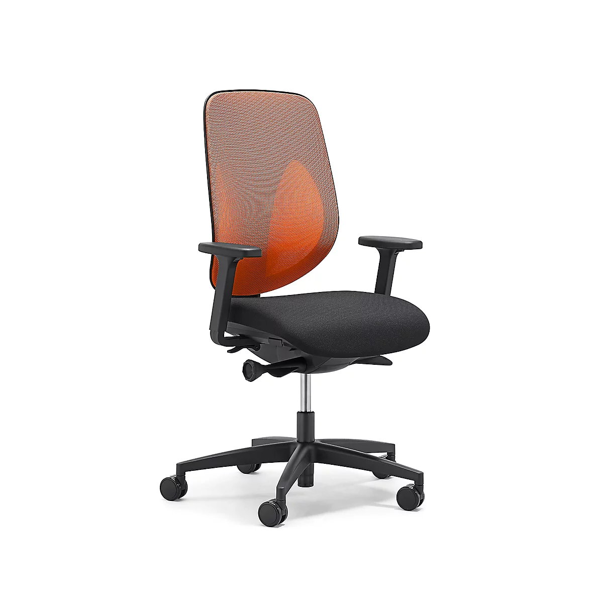Siège de bureau 353 Giroflex, avec accoudoirs, mécanisme synchrone automatique, assise galbée, dossier 3D en filet, orange/noir