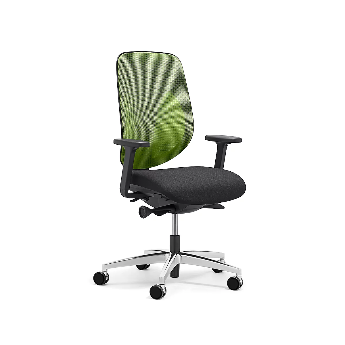 Siège de bureau 353 Giroflex, avec accoudoirs, mécanisme synchrone automatique, assise galbée, dossier 3D en filet, vert/noir/alu blanc