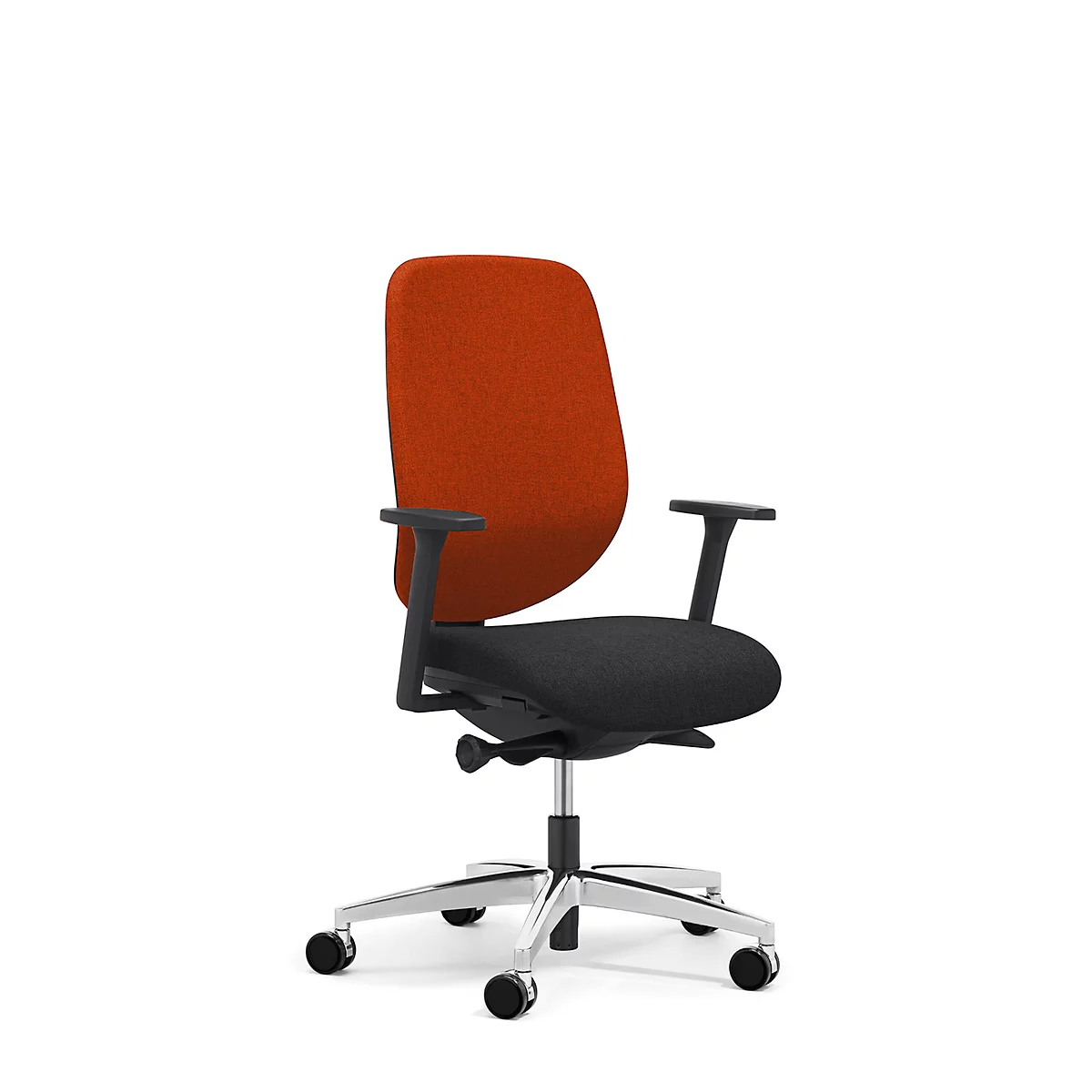 Siège de bureau 353 Giroflex, avec accoudoirs, mécanisme synchrone automatique, assise galbée, orange/noir/alu blanc