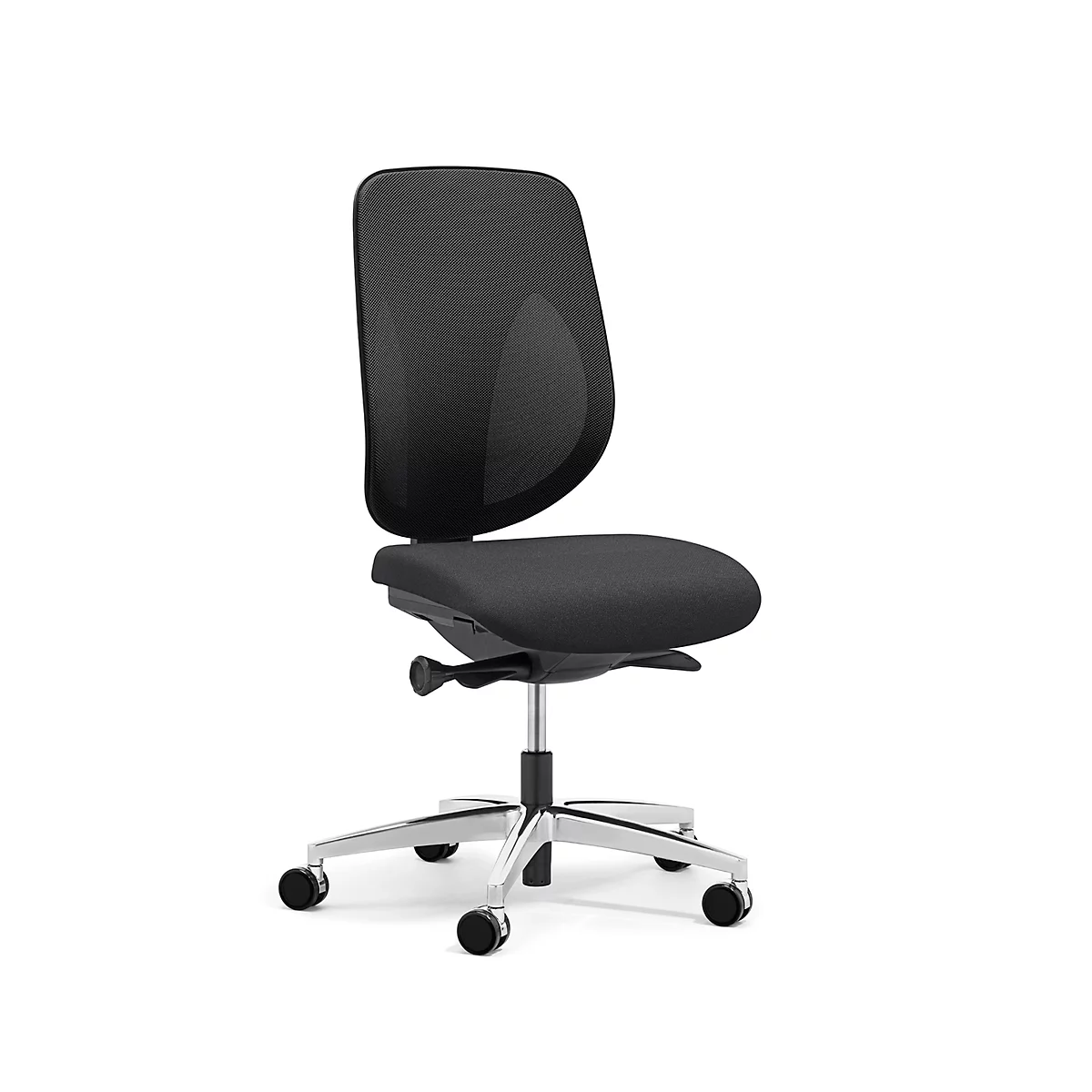 Siège de bureau 353 Giroflex, sans accoudoirs, mécanisme synchrone automatique, assise galbée, dossier 3D en filet, noir/alu blanc