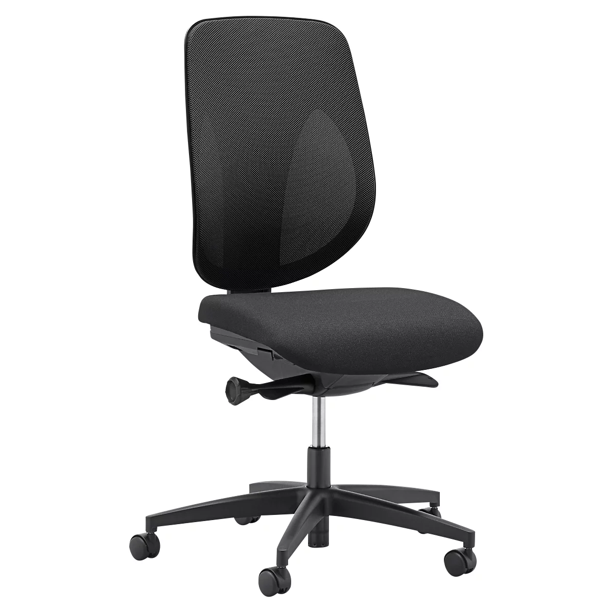 Chaise de bureau noire avec dossier en filet, réglable et avec roulettes.