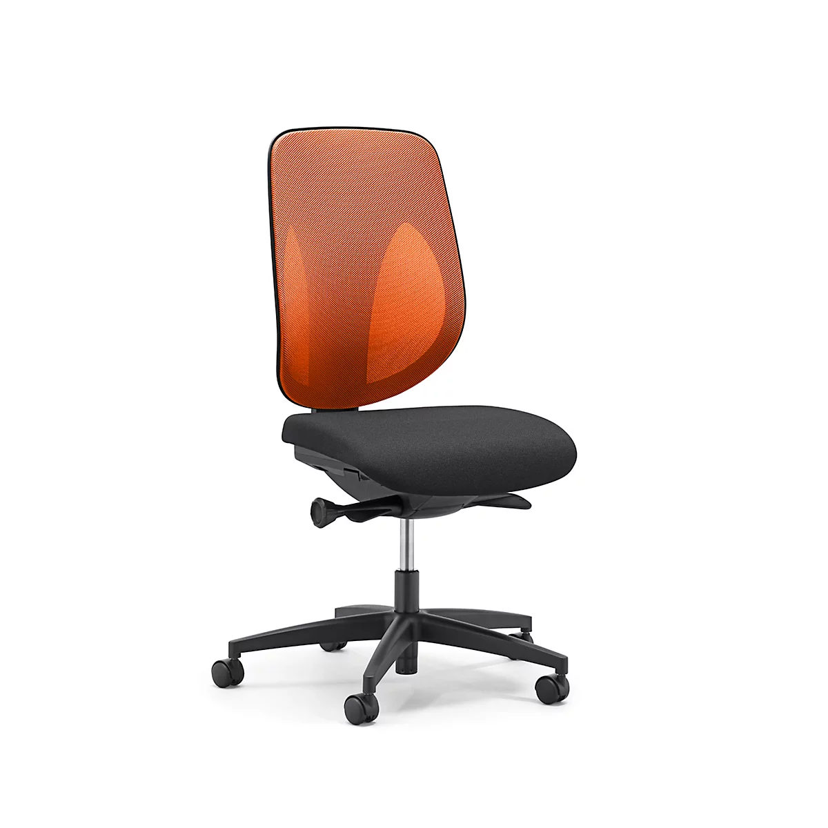 Siège de bureau 353 Giroflex, sans accoudoirs, mécanisme synchrone automatique, assise galbée, dossier 3D en filet, orange/noir