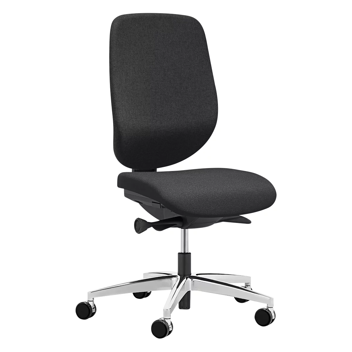 Chaise de bureau noire sur fond blanc. La chaise a un haut dossier, une assise rembourrée et une base argentée.