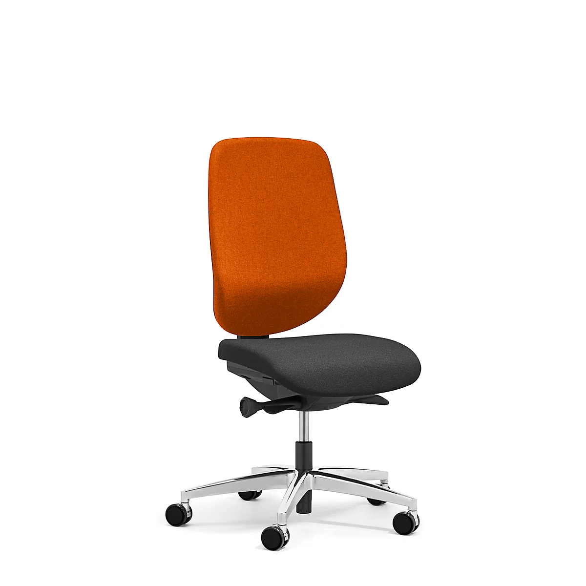 Siège de bureau 353 Giroflex, sans accoudoirs, mécanisme synchrone automatique, assise galbée, orange/noir/alu blanc