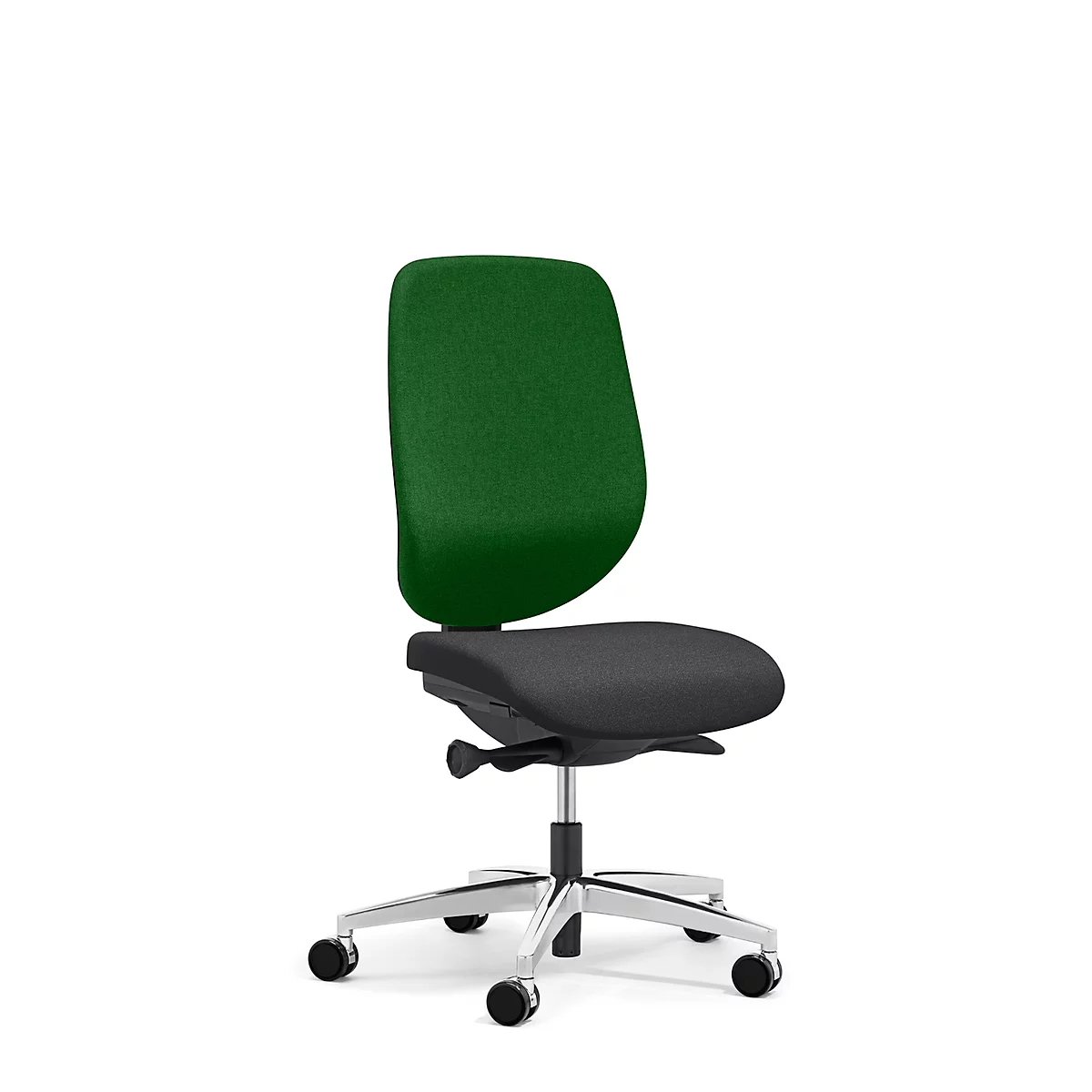 Siège de bureau 353 Giroflex, sans accoudoirs, mécanisme synchrone automatique, assise galbée, vert/noir/alu blanc
