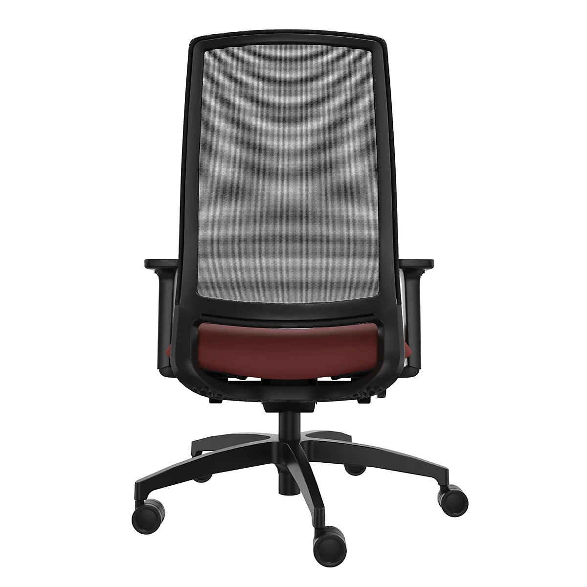 Chaise de bureau, vue arrière. Cadre noir, maille grise, siège rouge. Cinq roulettes.