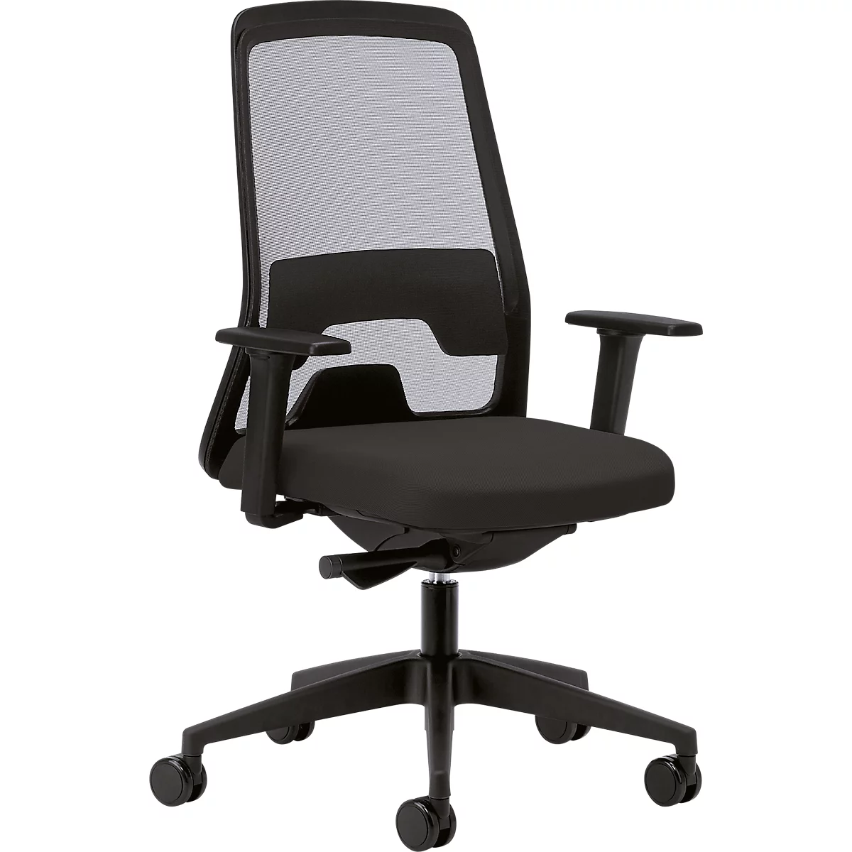 Chaise de bureau noire avec dossier en maille, accoudoirs et roulettes.