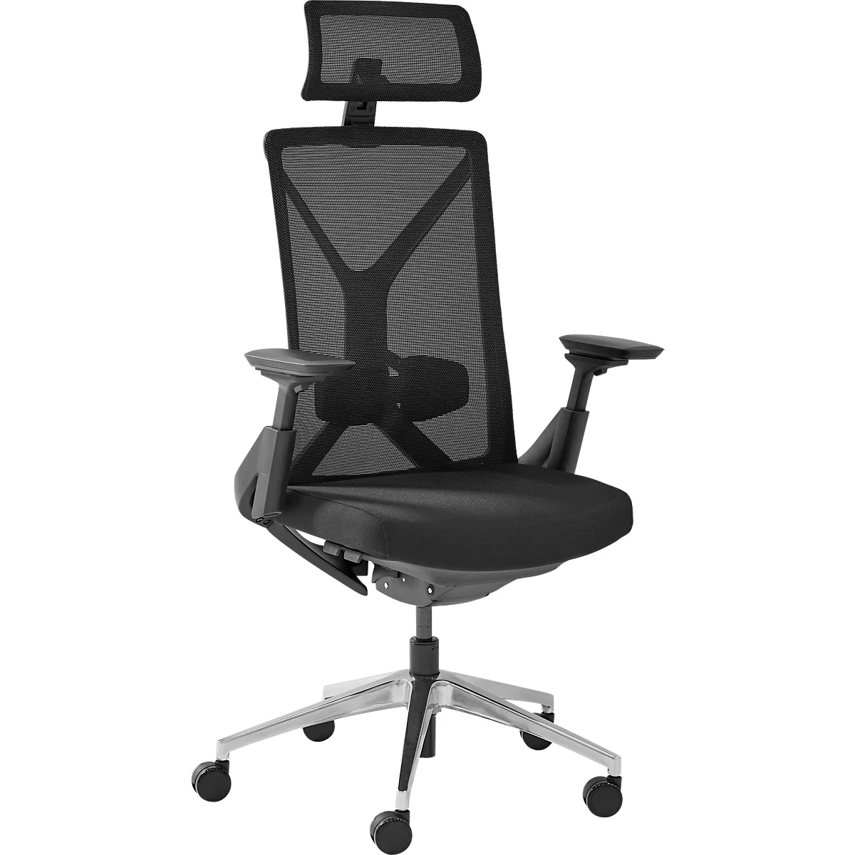 Chaise de bureau noire avec dossier en maille et accoudoirs réglables.
