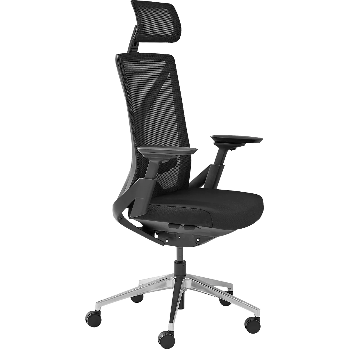 Chaise de bureau noire avec appui-tête, accoudoirs et roulettes, sur fond blanc.