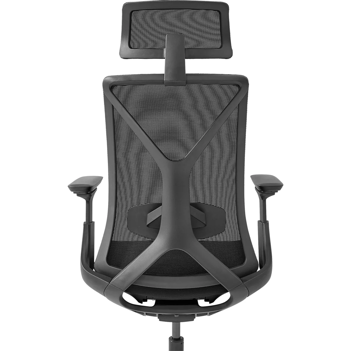 Vue arrière d'une chaise de bureau noire. La chaise a un dossier en maille et un appui-tête.