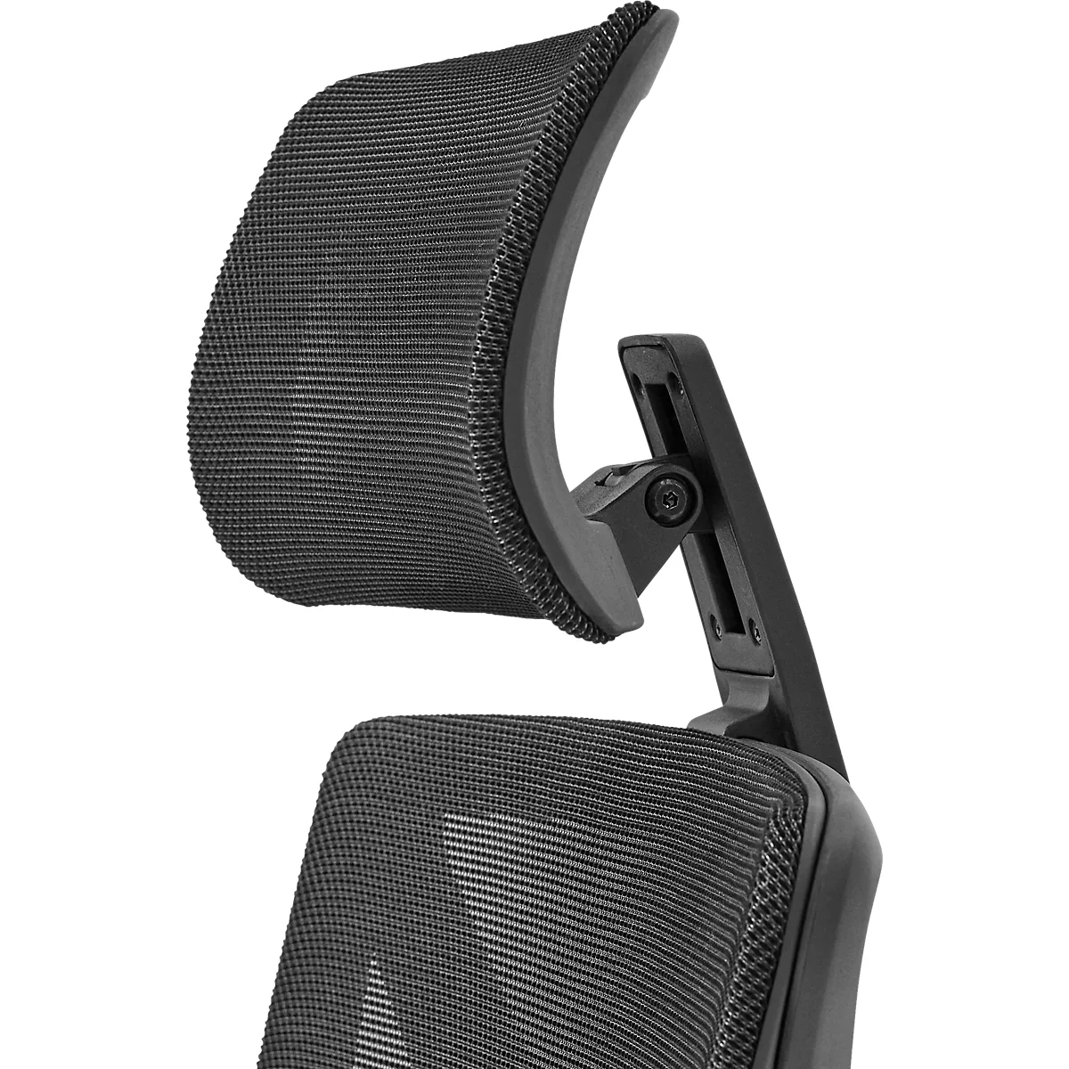 Gros plan d'une chaise de bureau noire montrant la zone de la tête et du dos. Le tissu a un design en nid d'abeille.