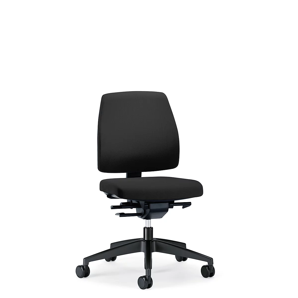 Chaise de bureau noire à roulettes, sur fond blanc. Il a un dossier, une assise et des accoudoirs, recadrés hors de l'image.