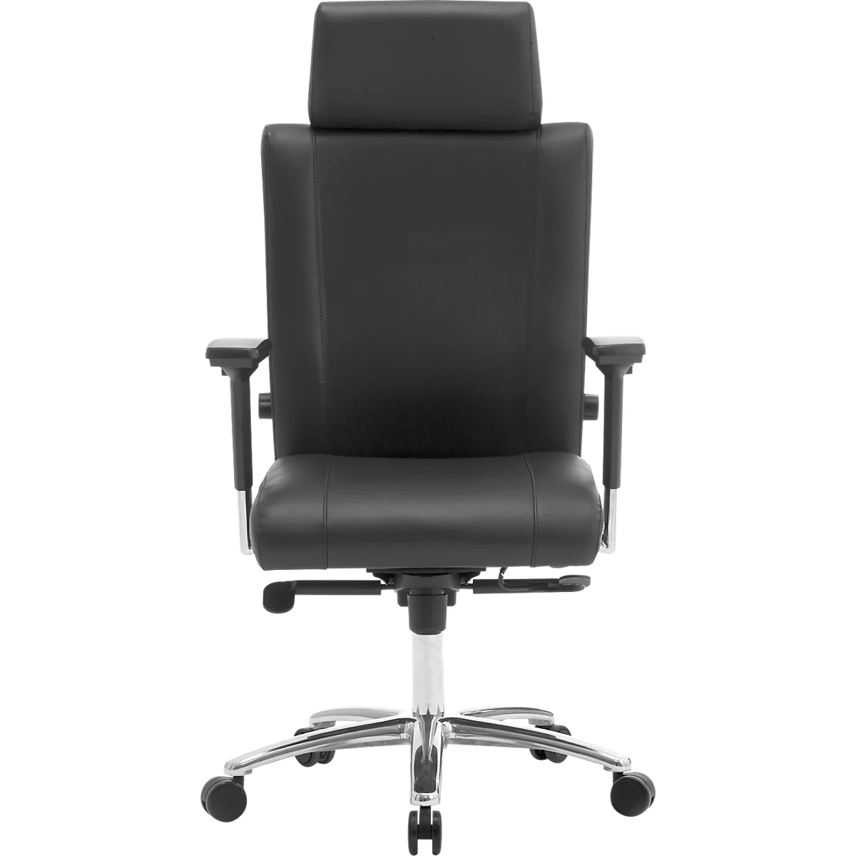 Chaise de bureau noire, vue arrière. Dossier haut, rembourré, accoudoirs. Cadre chromé avec roulettes.