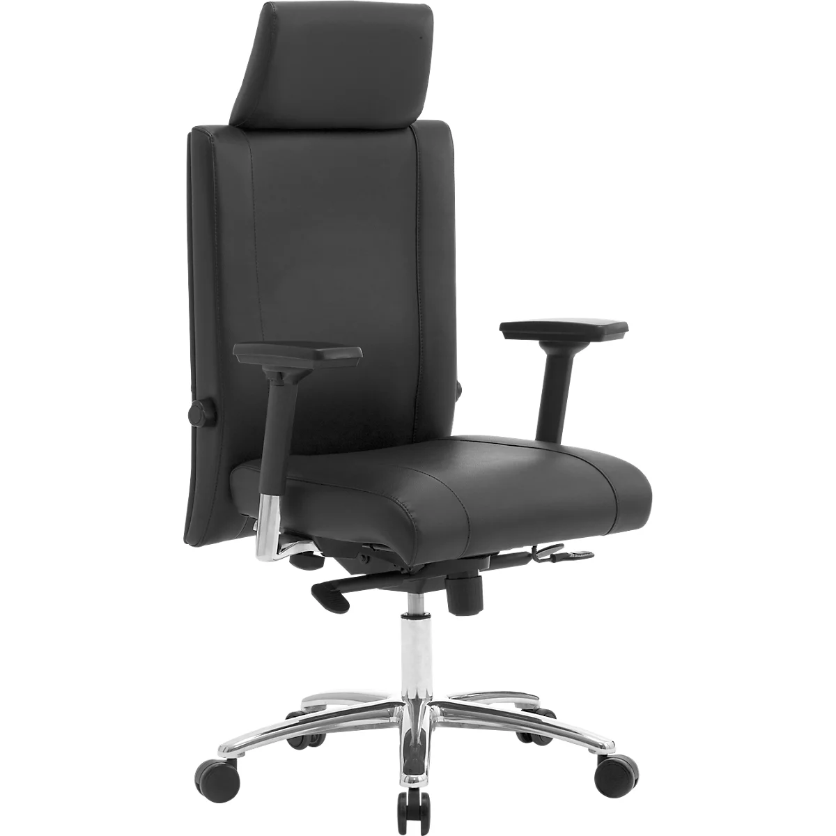 Chaise de bureau noire avec dossier haut, appui-tête, accoudoirs et base argentée.