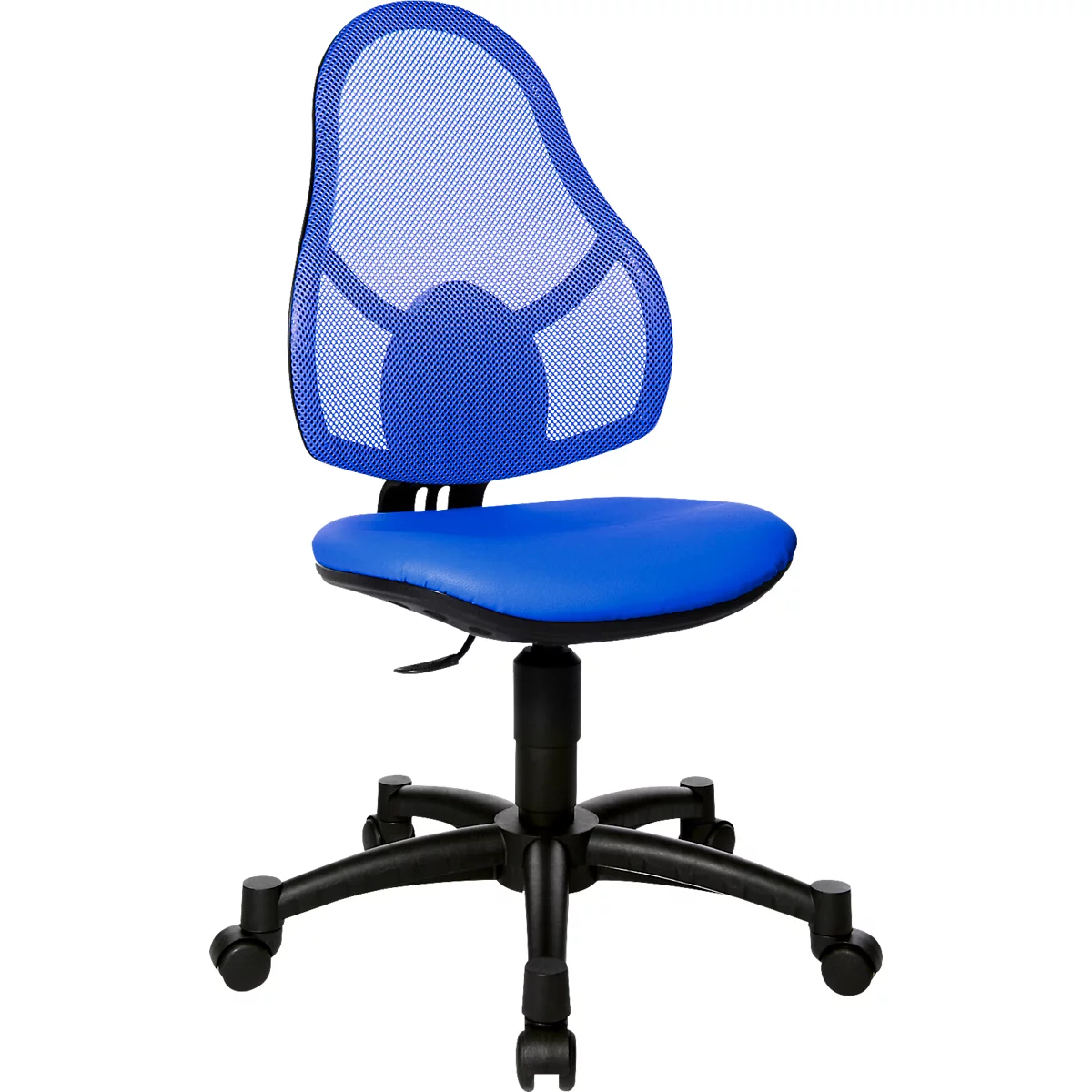Chaise de bureau ergonomique bleue avec dossier en maille et cadre noir. Réglable en hauteur avec roulettes.
