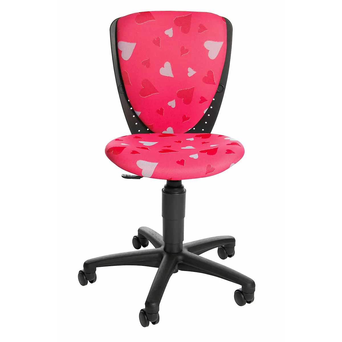 Siège de bureau pivotant pour enfants S&#39;cool motif petits coeurs, assise galbée, sans accoudoirs, rose/noir