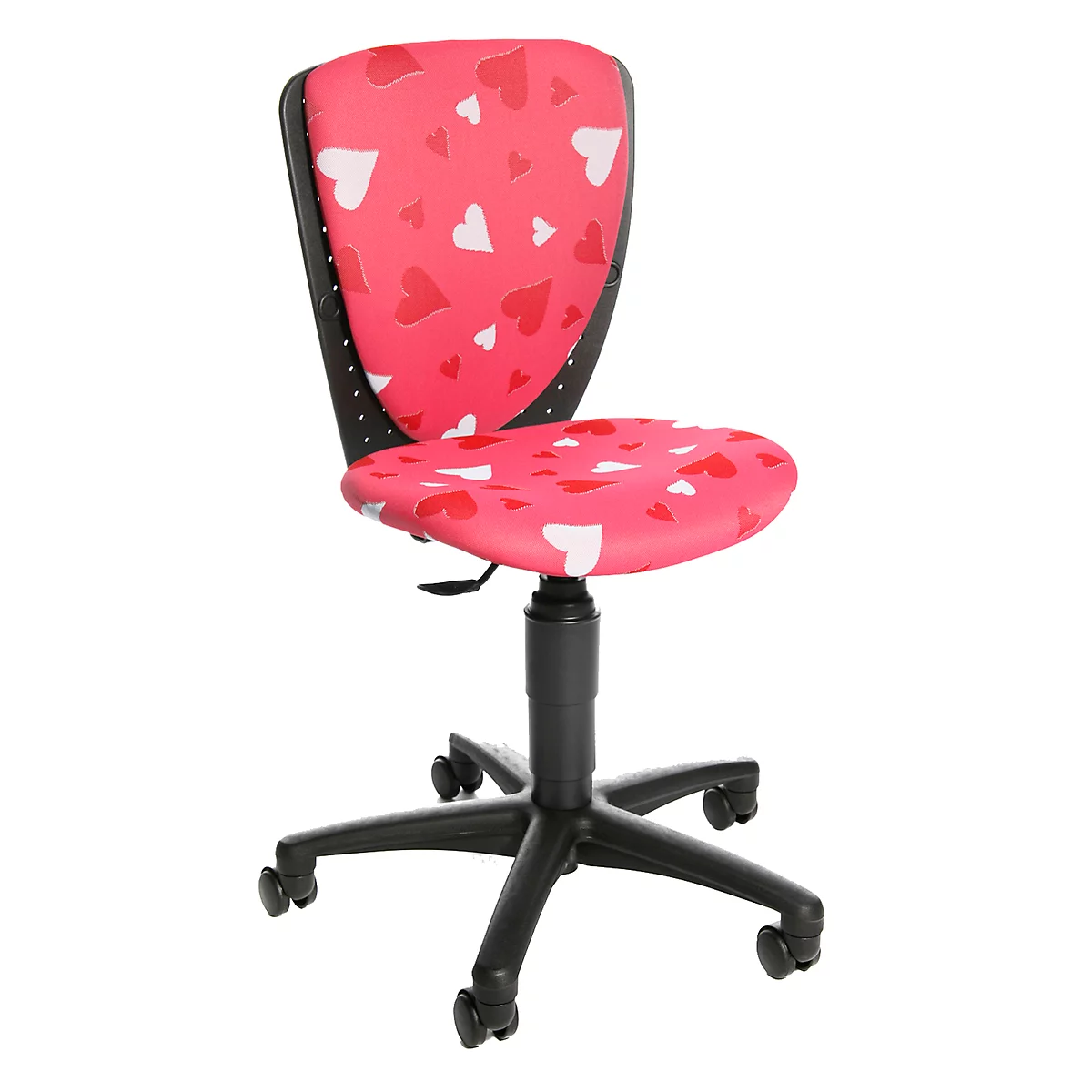 Siège de bureau pivotant pour enfants S&#39;cool motif petits coeurs, assise galbée, sans accoudoirs, rose/noir