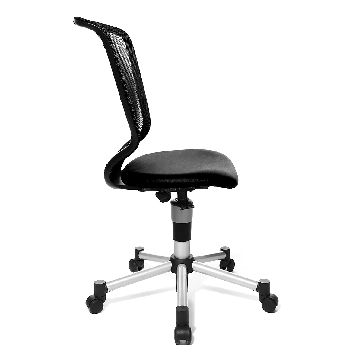 Siège de bureau pivotant pour enfants Titan Junior Topstar, sans accoudoirs, assise galbée, dossier en maille, piétement en alu, noir
