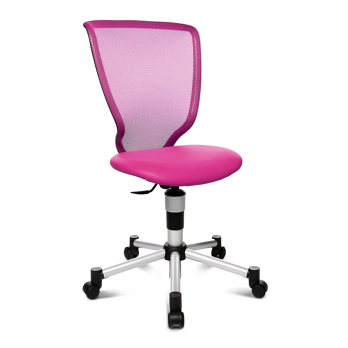 Siège de bureau pivotant pour enfants Titan Junior Topstar, sans accoudoirs, assise galbée, dossier en maille, piétement en alu, rose
