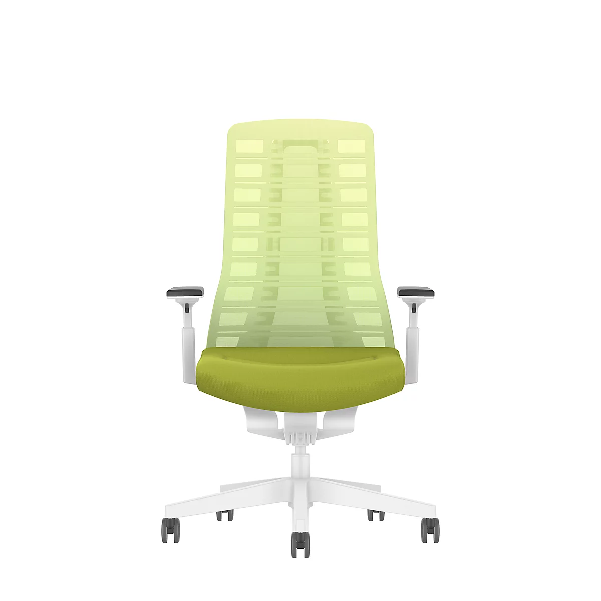 Siège de bureau PUREis3 Interstuhl, accoudoirs réglables, mécanisme synchrone 3D automatique, assise galbée, dossier en filet, vert printanier/blanc