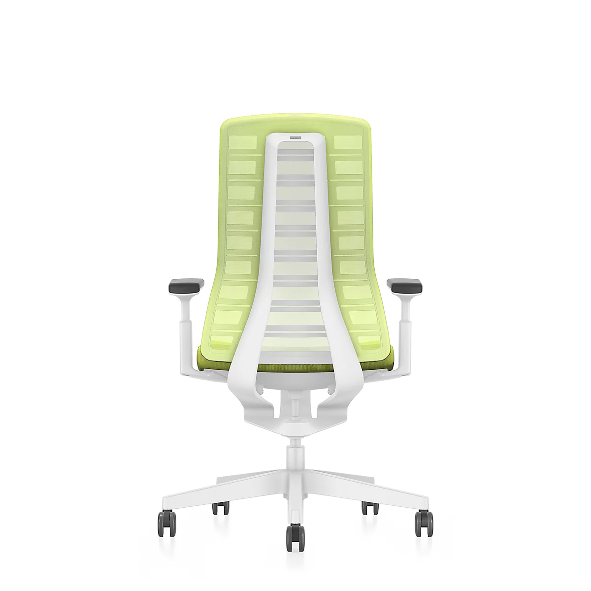 Siège de bureau PUREis3 Interstuhl, accoudoirs réglables, mécanisme synchrone 3D automatique, assise galbée, dossier en filet, vert printanier/blanc