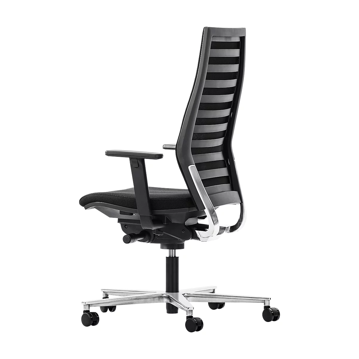 Siège de bureau R12, avec accoudoirs, armature en aluminium poli, noir