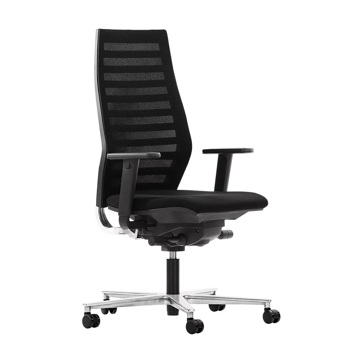 Siège de bureau R12, avec accoudoirs, armature en aluminium poli, noir