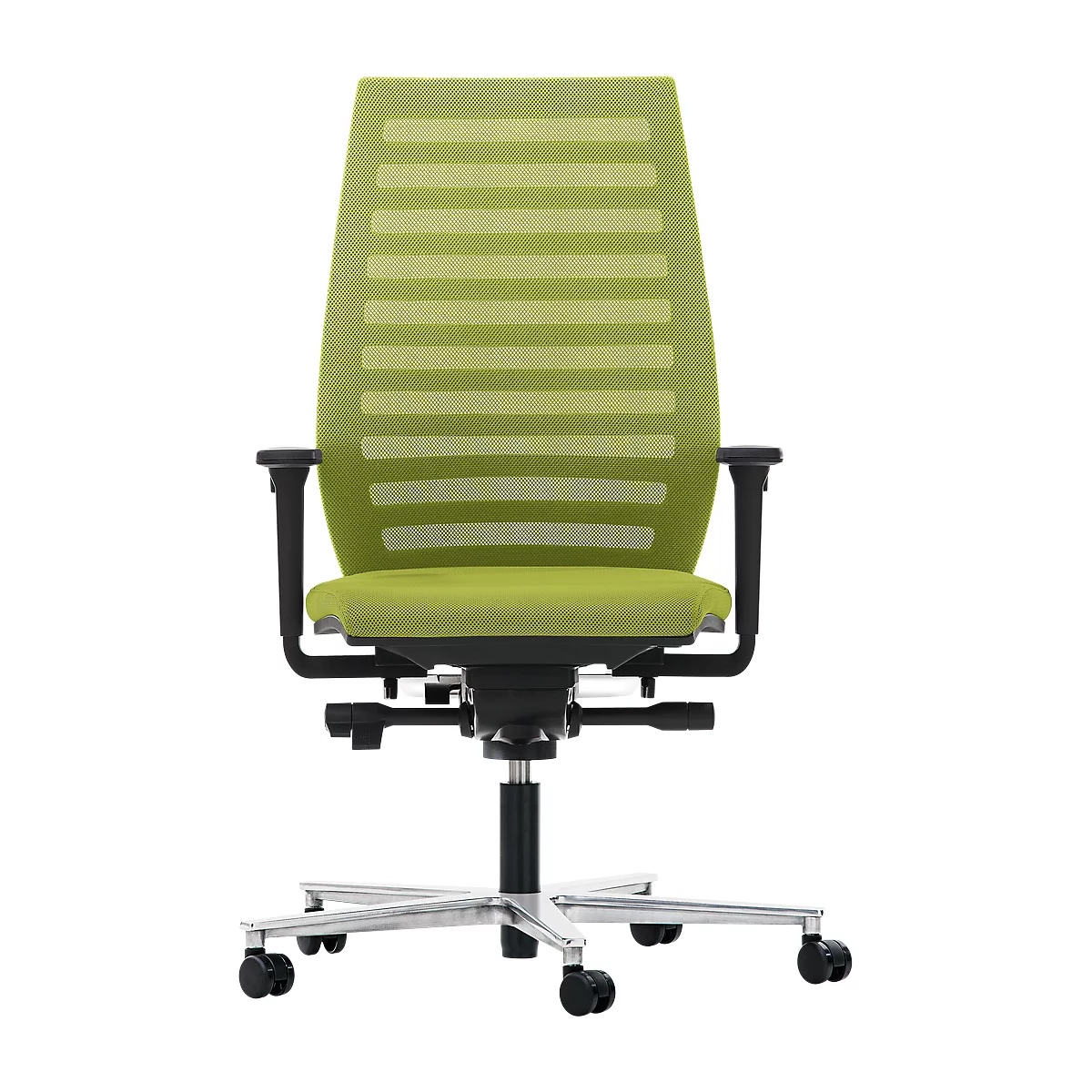 Siège de bureau R12, avec accoudoirs, armature en aluminium poli, vert