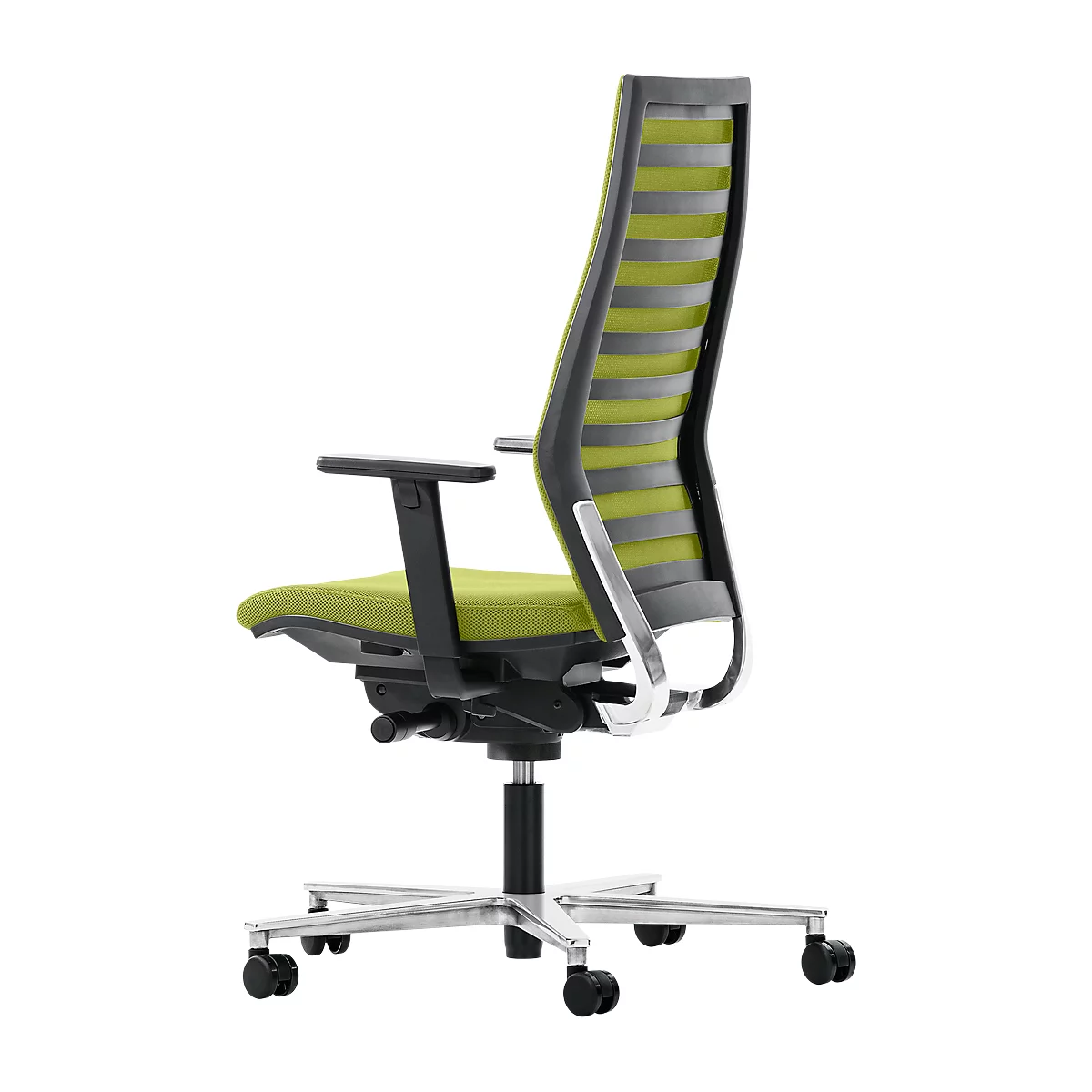 Siège de bureau R12, avec accoudoirs, armature en aluminium poli, vert