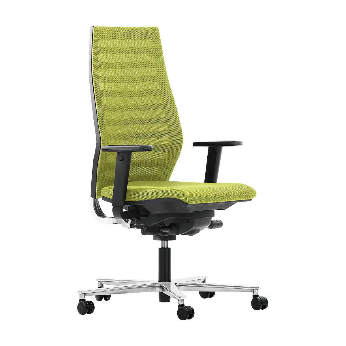 Siège de bureau R12, avec accoudoirs, armature en aluminium poli, vert