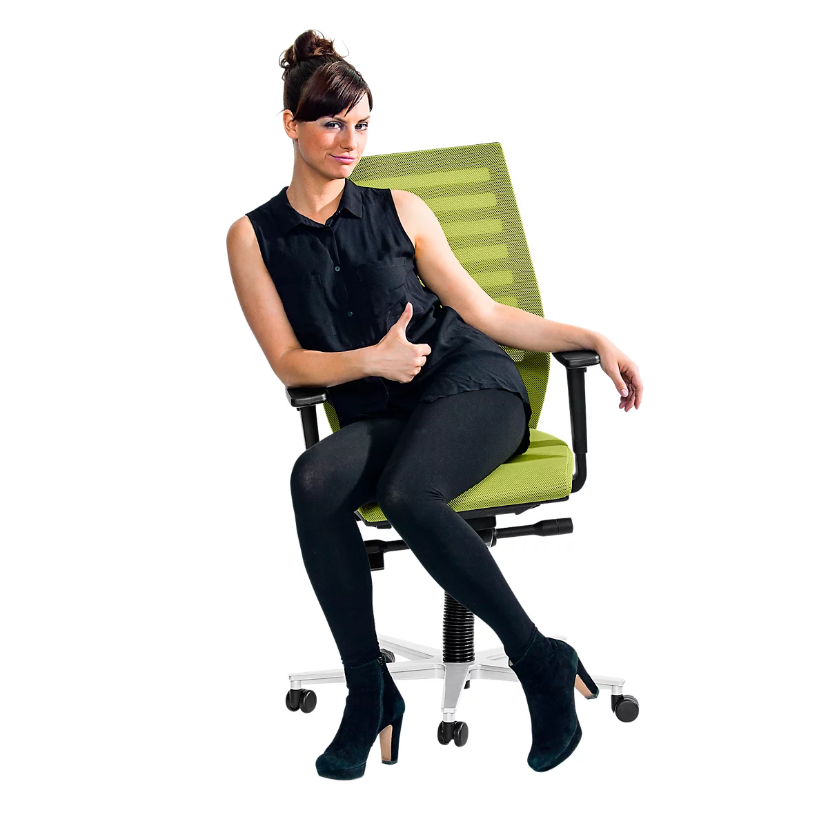 Siège de bureau R12, avec accoudoirs, armature en aluminium poli, vert