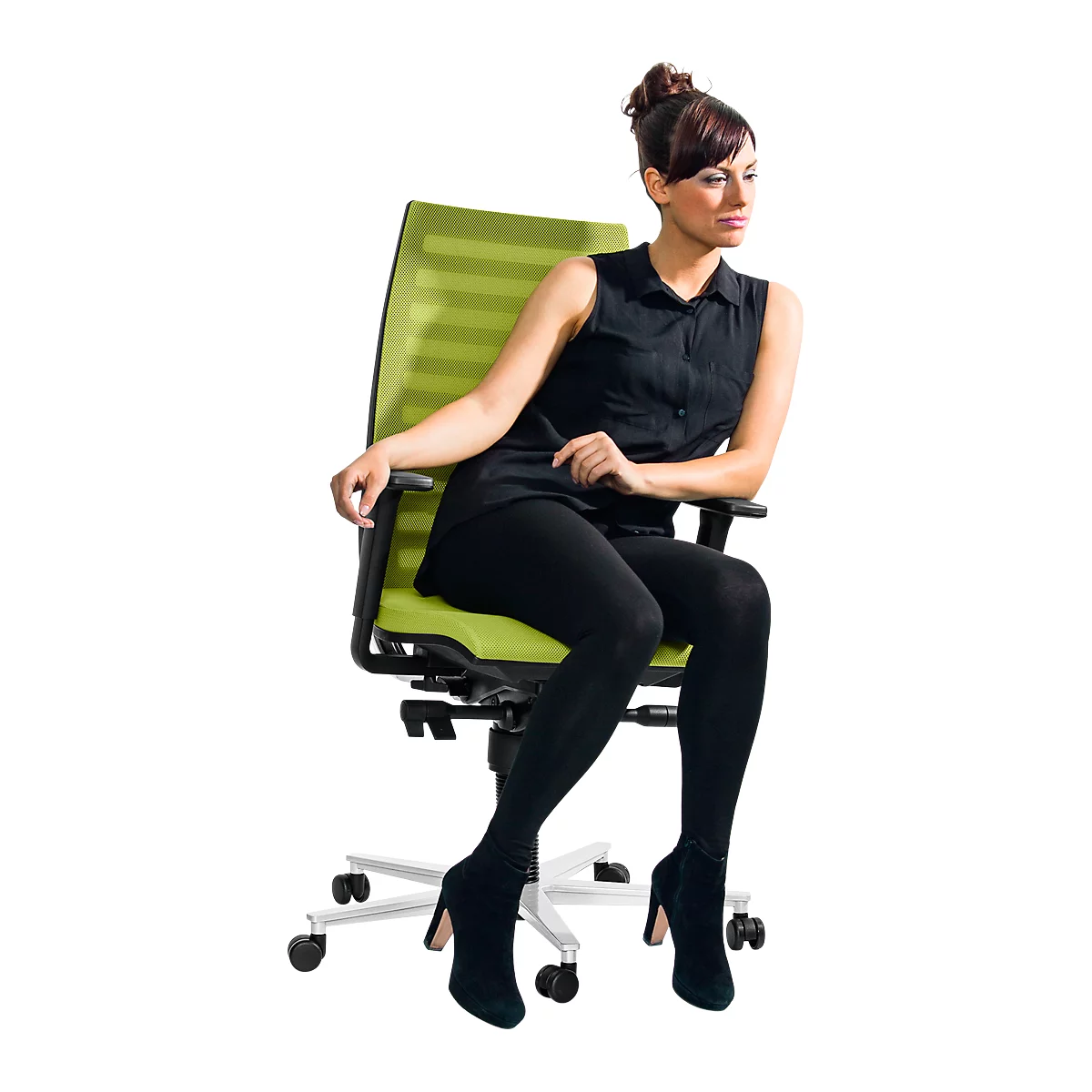 Siège de bureau R12, avec accoudoirs, armature en aluminium poli, vert
