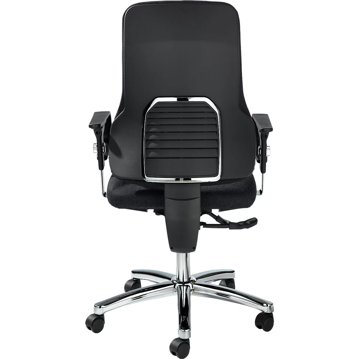 Chaise de bureau vue de dos avec dossier noir, support lombaire intégré et piètement chromé.
