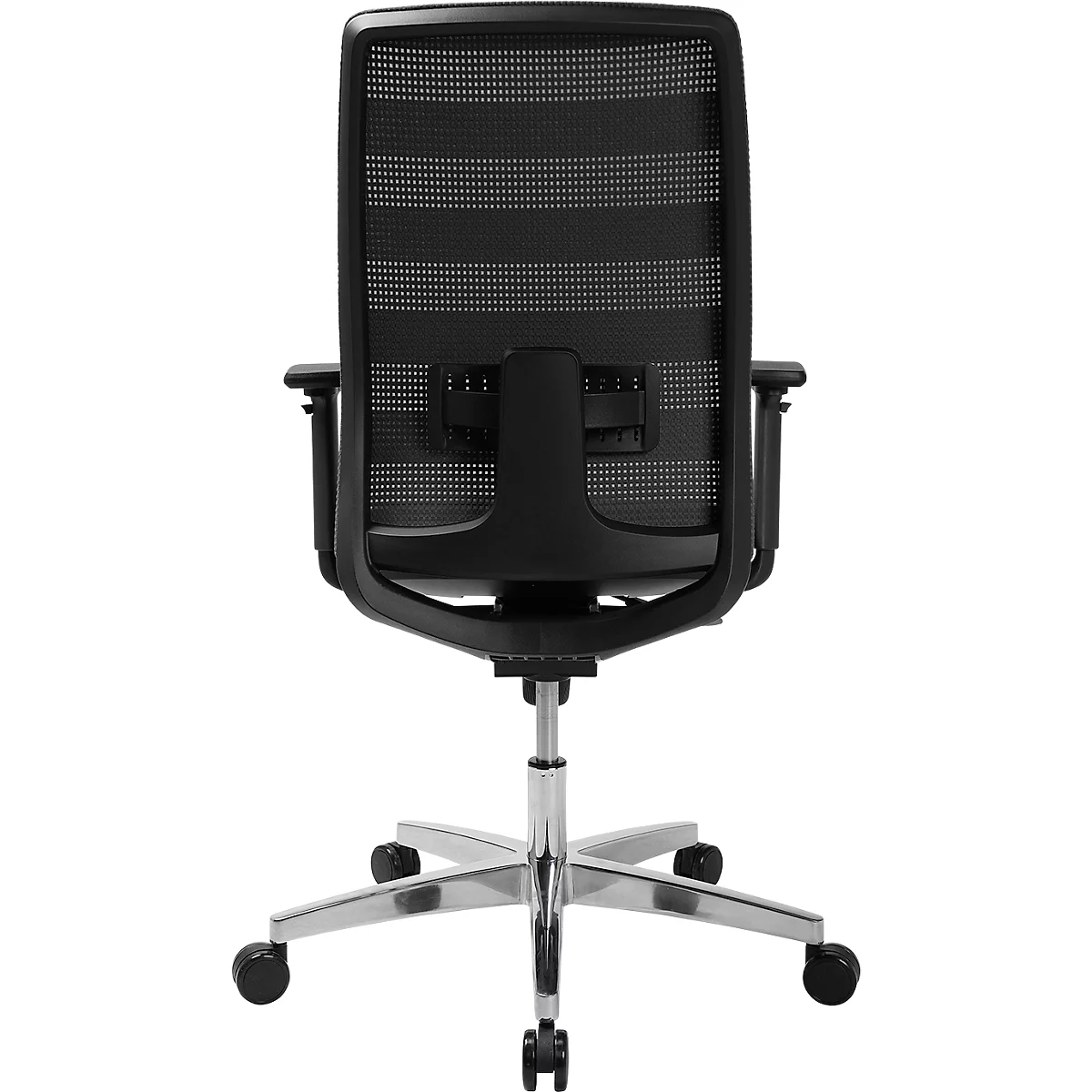 Chaise de bureau noire, vue arrière. La chaise a un dossier en maille, des accoudoirs et une base argentée avec roulettes.