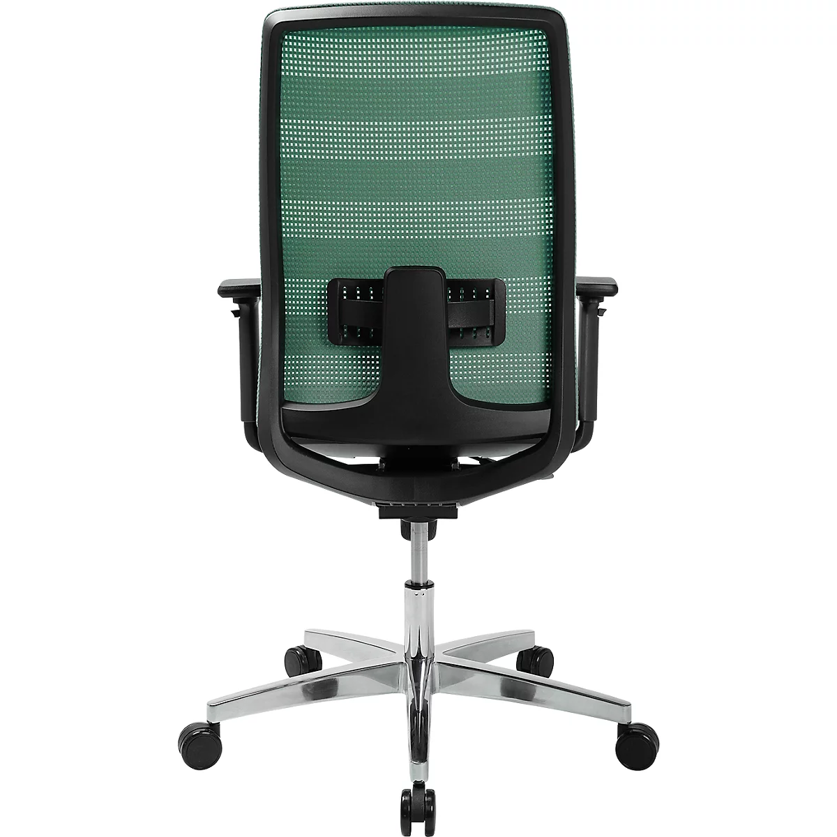 Vue arrière d'une chaise de bureau avec dossier en filet vert, cadre noir et pieds chromés. Roulettes noires.